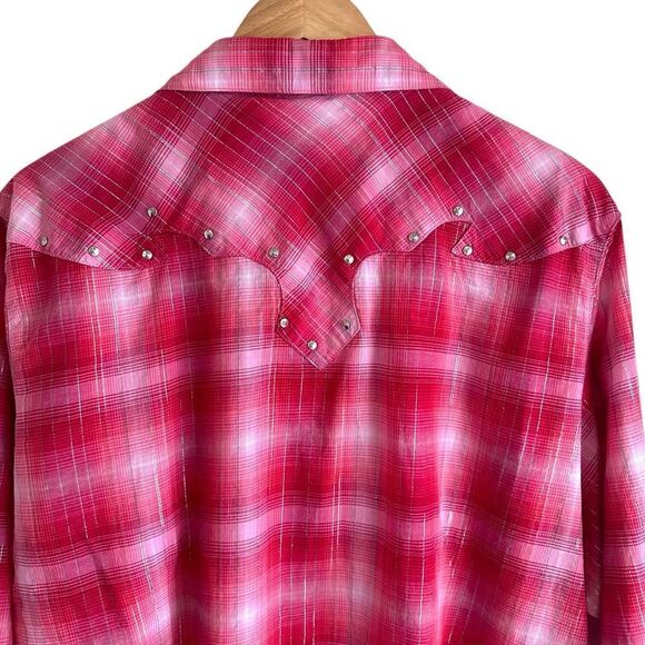 Wrangler Red Silver Studded Metallic Thread Pearl Button Plaid Western Shirt - Picture 4 of 5